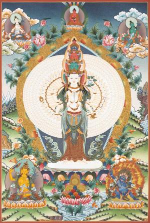 1000 Armed Avalokiteshvara Thangka Feature White Tara, Amitabha Buddha, Green Tara, Manjushri, and Vajrapani